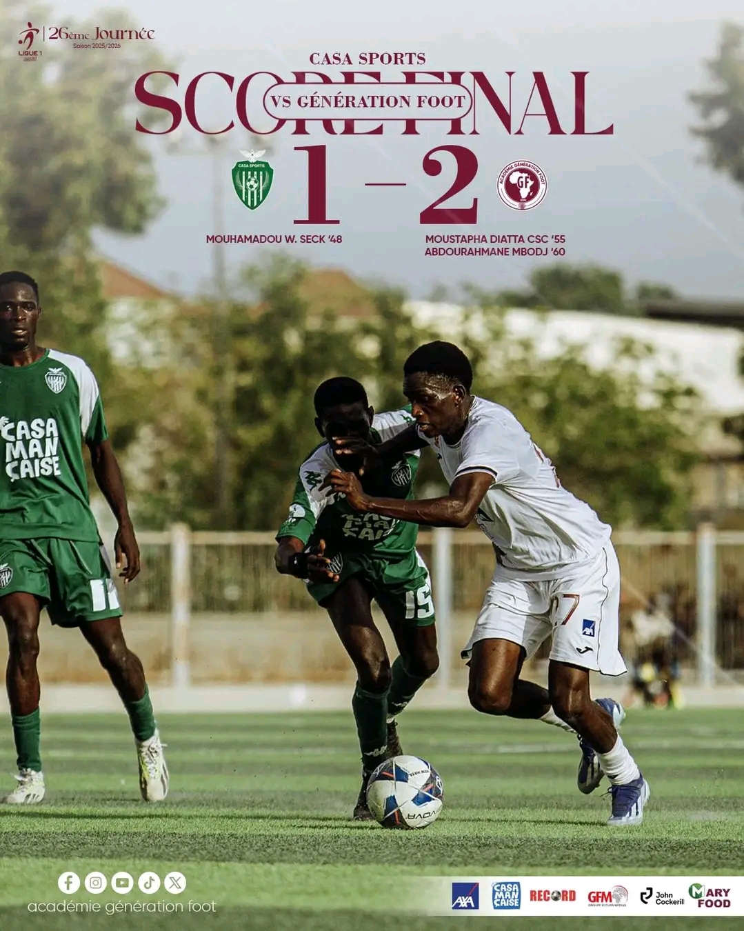 Ligue 1 sénégalaise : le Casa Sports s’enfonce après un nouveau revers à domicile face à Génération Foot